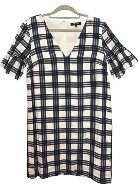 Madewell Plaid Bell-Sleeve Shift Dress Leighton Transatlantic Blue Sz 00